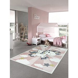 Tapis Licorne rose crème jaune violet turquoise gris 80 cm
